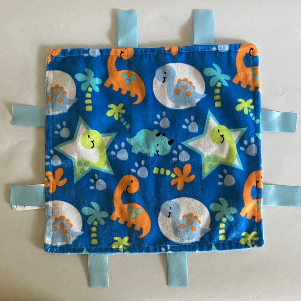 Swiggles baby Security Lovey blanket Dinosaur Blue Orange Minky Dot Ribbon Tags